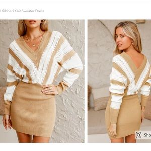 Striped Ribbed Knit Sweater Dress SZ L NWT V-NECK MINI